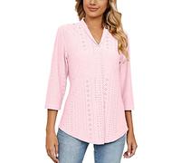 Keepink Womens Tops 3/4 Sleeve V Neck T Shirts Casual Loose Pleated Shirts Solid Basic Tees Eyelet Embroidery Clothes Elegant Lapel Top Business Work Dressy Tunic Blouses Sale