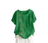 Keepink Womens Tops Cotton Linen Embroidered Top Floral Loose Fit Tunic Blouse Short Sleeve Summer Shirts Boho Peasant T Shirts Ladies Tees Trendy Going Out Beach Holiday Clothes