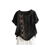 Keepink Womens Tops Cotton Linen Embroidered Top Floral Loose Fit Tunic Blouse Short Sleeve Summer Shirts Boho Peasant T Shirts Ladies Tees Trendy Going Out Beach Holiday Clothes
