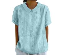 Keepink Womens Tops Dressy Casual Collared Blouses Short Sleeve Polo Shirts Pullover Solid Hollow Out Embroidered Top Baggy Comfort Tunic Blouses Shirts Going Out Summer Outfits Sale