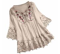 Keepink Womens Tops Dressy Casual Loose Blouse 3/4 Length Sleeve Boho Top Plain V Neck Tshirt Cotton Linen Mexican Embroidered Shirts Lace Tunic Peasant Blouses Plus Size T-Shirts