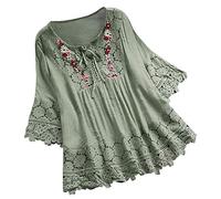 Keepink Womens Tops Dressy Casual Loose Blouse 3/4 Length Sleeve Boho Top Plain V Neck Tshirt Cotton Linen Mexican Embroidered Shirts Lace Tunic Peasant Blouses Plus Size T-Shirts