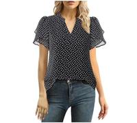 Keepink Womens Tops Dressy Chiffon Blouses Summer Puff Petal Short Sleeve Shirts Flowy Mesh Tunic T-Shirt Elegant Loose V Neck Tshirt Business Casual Office Work Top UK Sale