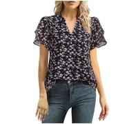 Keepink Womens Tops Dressy Chiffon Blouses Summer Puff Petal Short Sleeve Shirts Flowy Mesh Tunic T-Shirt Elegant Loose V Neck Tshirt Business Casual Office Work Top UK Sale