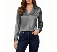 Keepink Womens Tops Elegant Button Down Shirts for Women UK Satin Silk Collared Dressy Casual Blouses Loose Long Sleeve Office Work Top Basic V-Neck Smart Evening Ladies Shirt
