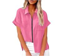 Keepink Womens Tops Full Zip Cotton Linen Shirt Jacket for Women Plain Short Sleeve Top Summer Lightweight Coat with Pockets Trendy Elegant Tunic Blouse UK Streetwear Sale