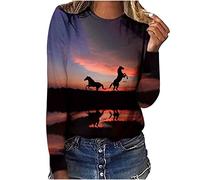 Keepink Womens Tops Horse Printed Long Sleeve Jumpers Western Vintage 3D Graphic T Shirts Crewneck Funny Gift Shirts Equestrian Cowgirl Blouse Loose Fit Workout Tshirts for Ladies