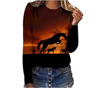 Keepink Womens Tops Horse Printed Long Sleeve Jumpers Western Vintage 3D Graphic T Shirts Crewneck Funny Gift Shirts Equestrian Cowgirl Blouse Loose Fit Workout Tshirts for Ladies