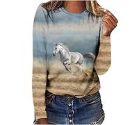 Keepink Womens Tops Horse Printed Long Sleeve Jumpers Western Vintage 3D Graphic T Shirts Crewneck Funny Gift Shirts Equestrian Cowgirl Blouse Loose Fit Workout Tshirts for Ladies