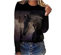 Keepink Womens Tops Horse Printed Long Sleeve Jumpers Western Vintage 3D Graphic T Shirts Crewneck Funny Gift Shirts Equestrian Cowgirl Blouse Loose Fit Workout Tshirts for Ladies