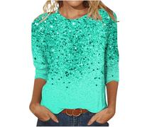 Keepink Womens Tops Jumpers Dressy Casual 3/4 Sleeve Round Neck Shirt Funny False Sequin Print T-Shirts Loose Glitter Print Blouse Fashion Shimmery Tunic Top for Party Nights Out