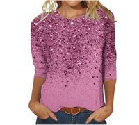Keepink Womens Tops Jumpers Dressy Casual 3/4 Sleeve Round Neck Shirt Funny False Sequin Print T-Shirts Loose Glitter Print Blouse Fashion Shimmery Tunic Top for Party Nights Out