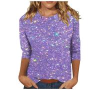 Keepink Womens Tops Jumpers Dressy Casual 3/4 Sleeve Round Neck Shirt Funny False Sequin Print T-Shirts Loose Glitter Print Blouse Fashion Shimmery Tunic Top for Party Nights Out