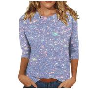 Keepink Womens Tops Jumpers Dressy Casual 3/4 Sleeve Round Neck Shirt Funny False Sequin Print T-Shirts Loose Glitter Print Blouse Fashion Shimmery Tunic Top for Party Nights Out