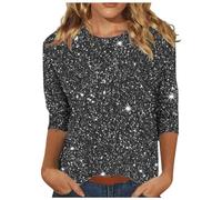 Keepink Womens Tops Jumpers Dressy Casual 3/4 Sleeve Round Neck Shirt Funny False Sequin Print T-Shirts Loose Glitter Print Blouse Fashion Shimmery Tunic Top for Party Nights Out