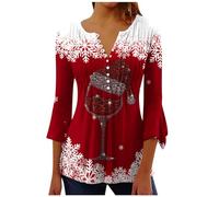 Keepink Womens Tops Light Up Christmas Jumper Ugly Xmas Shirts Button V-Neck 3/4 Sleeve Ruffle Pleated Blouse Snowman Print T-Shirt Elegant Tunic Sweater for Dressy Festive Party