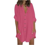 Keepink Womens Tops Oversized Cotton Linen Button Up Shirts Summer Casual Blouse Roll-Up Sleeve Tops Extra Long Top with Pockets Hawaii Beach Cover Up Ladies Clothes