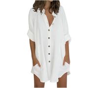 Keepink Womens Tops Oversized Cotton Linen Button Up Shirts Summer Casual Blouse Roll-Up Sleeve Tops Extra Long Top with Pockets Hawaii Beach Cover Up Ladies Clothes