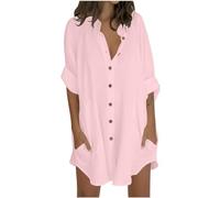 Keepink Womens Tops Oversized Cotton Linen Button Up Shirts Summer Casual Blouse Roll-Up Sleeve Tops Extra Long Top with Pockets Hawaii Beach Cover Up Ladies Clothes