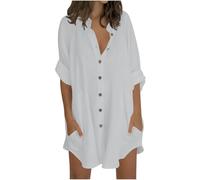 Keepink Womens Tops Oversized Cotton Linen Button Up Shirts Summer Casual Blouse Roll-Up Sleeve Tops Extra Long Top with Pockets Hawaii Beach Cover Up Ladies Clothes