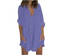 Keepink Womens Tops Oversized Cotton Linen Button Up Shirts Summer Casual Blouse Roll-Up Sleeve Tops Extra Long Top with Pockets Hawaii Beach Cover Up Ladies Clothes