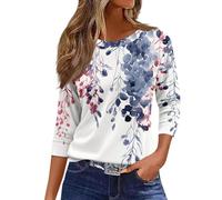 Keepink Womens Tops Plus Size 3/4 Length Casual Shirts Trendy Funny Printed Round Neck Pullover Tee Baggy Tunic Tshirts Ladies Dressy Blouse Going Out Office Work Top UK Size 8-22