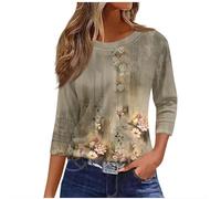 Keepink Womens Tops Plus Size 3/4 Length Casual Shirts Trendy Funny Printed Round Neck Pullover Tee Baggy Tunic Tshirts Ladies Dressy Blouse Going Out Office Work Top UK Size 8-22