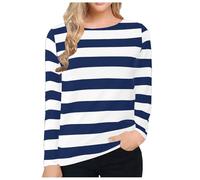 Keepink Womens Tops Striped Long Sleeve Tunic Blouses Lightweight Crewneck Casual T Shirts Basic Athletic Tees Shirts Cotton Tshirts Ladies Jumpers Trendy Y2k Aesthetic Streetwear