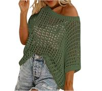 Keepink Womens Tops UK Crochet Knit Jumper Hollow Out Half Sleeve Drop Shoulder Pullover Tops Scoop Neck Lightweight Sweater Sexy Going Out Top Party Blouse Trendy T Shirts