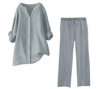 Keepink Women's Trouser Suits 2 Piece Cotton Linen Long Sleeve Blouses Baggy Pants Trousers Sets Outfits Work Suits Oversized V Neck Button Tops Stretch Waist Pants Suit Relax Fit