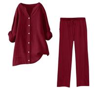 Keepink Women's Trouser Suits 2 Piece Cotton Linen Long Sleeve Blouses Baggy Pants Trousers Sets Outfits Work Suits Oversized V Neck Button Tops Stretch Waist Pants Suit Relax Fit