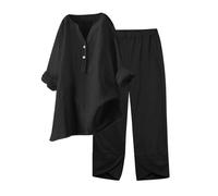 Keepink Women's Trouser Suits UK Womens Two Piece Outfits Linen Co Ord Sets Plain Long Sleeve Henley Tops with High Waist Trouser for Work Office Travel Ladies Tracksuits Loungewear