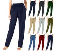 Keepink Womens Trousers Elasticated High Waist Relax Fit Pants Ladies Full Length Casual Trouser Everyday Stretchy Lightweight Pant Straight Leg Joggers with Pockets UK Plus Size 8-22