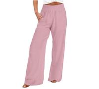 Keepink Women's Trousers Elasticated Waist Wide Leg Linen Trousers Women Plus Size Loose Palazzo Pants Solid Hight Waist Trousers with Pockets Activewear Jogging Bottoms Sale