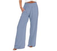 Keepink Women's Trousers Elasticated Waist Wide Leg Linen Trousers Women Plus Size Loose Palazzo Pants Solid Hight Waist Trousers with Pockets Activewear Jogging Bottoms Sale