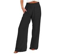 Keepink Women's Trousers Elasticated Waist Wide Leg Linen Trousers Women Plus Size Loose Palazzo Pants Solid Hight Waist Trousers with Pockets Activewear Jogging Bottoms Sale