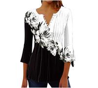 Keepink Women's Tunic Tops Casual 3/4 Sleeve Blouse Summer Top for Ladies V Neck Longline Shirts Swing Going Out Sweatshirt Button Up Flowy Tees Pullover UK Size S-2XL