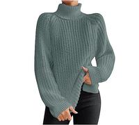 Keepink Women's Turtleneck Jumpers Lantern Long Sleeve Cable Knit Pullover Oversized Ribbed Knitwear Tunic Sweater Cozy Warm Winter Thermal Tops Basic Shirt Lightweight Sweatshirt