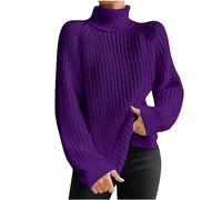 Keepink Women's Turtleneck Jumpers Lantern Long Sleeve Cable Knit Pullover Oversized Ribbed Knitwear Tunic Sweater Cozy Warm Winter Thermal Tops Basic Shirt Lightweight Sweatshirt