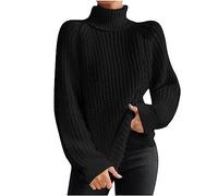 Keepink Women's Turtleneck Jumpers Lantern Long Sleeve Cable Knit Pullover Oversized Ribbed Knitwear Tunic Sweater Cozy Warm Winter Thermal Tops Basic Shirt Lightweight Sweatshirt