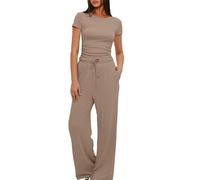 Keepink Women's Two Piece Outfits Solid Short Sleeve Tops and High Waisted Wide Leg Pants Matching Lounge Sets Comfy Tracksuit Set Pajamas Y2K Gym Yoga Clothes Going Out Size 8-18