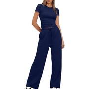 Keepink Women's Two Piece Outfits Solid Short Sleeve Tops and High Waisted Wide Leg Pants Matching Lounge Sets Comfy Tracksuit Set Pajamas Y2K Gym Yoga Clothes Going Out Size 8-18