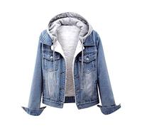 Keepink Women's Winter Hoodie Coat Sherpa Furry Fleece Lined Denim Jackets Retro Button Long Sleeve Cropped Jean Trucker Outerwear Slim Fitted Warm Casual Outerwear Ladies Coats with Pockets UK