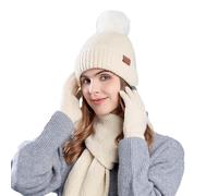 Keepink Women's Winter Set Knitted Bobble Hat Scarf Gloves Trio Matching Ear Protection Beanie Complete Cold Weather Kit Cosy Warm Outfits for Weekend Walks Winter Sports