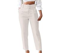 Keepink Work Trousers for Women UK Ladies Office Smart Stretch Suit Pants with Belt Cigarette Straight Leg Tailored High Elasticated Waist Tapered Ankle Grazer Slim