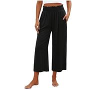 Keepink Yoga Pants for Women with Pockets Elastic High Waisted Casual Trousers Wide Leg Capri Pants Linen Trouser Womens Short Leg Petite Crop Palazzo Pant Summer Lounge Bottoms