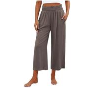 Keepink Yoga Pants for Women with Pockets Elastic High Waisted Casual Trousers Wide Leg Capri Pants Linen Trouser Womens Short Leg Petite Crop Palazzo Pant Summer Lounge Bottoms