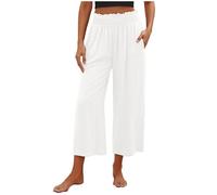 Keepink Yoga Pants for Women with Pockets Elastic High Waisted Casual Trousers Wide Leg Capri Pants Linen Trouser Womens Short Leg Petite Crop Palazzo Pant Summer Lounge Bottoms