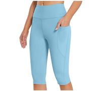 Keepink Yoga Shorts for Women with Pockets High Waisted Tummy Control Leggings Knee Length Shorts Stretch Scrunch Butt Gym Shorts Workout Exercise Capris Legging Summer Shorts
