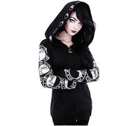 Keepink Zip Up Hoodie Women Gothic Punk Zip Fleece Jackets Distressed Tartan Printed Sweatshirt Lightweight Long Sleeve Hooded Coat Edgy Streetwear Outerwear with Pockets UK